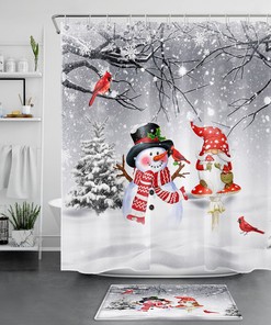 Christmas Cardinal and Snowman Shower Curtain for Bathroom Decor