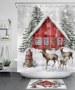 Christmas Elk Snowflake Winter Farmhouse Shower Curtain for Bathroom