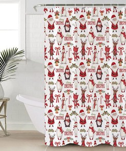 Christmas Shower Curtain Featuring Santa, Snowman, Penguin, Bear and Elk | Waterproof Fabric for Your Bathroom