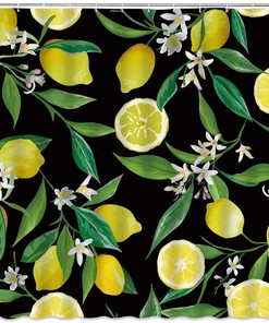 Citrus Lemon Shower Curtain Tropical Flowers Black Watercolor Bathroom Decor