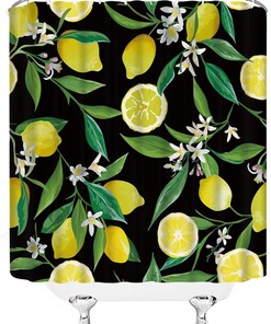 Citrus Lemon Shower Curtain Tropical Flowers Black Watercolor Bathroom Decor