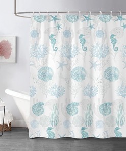 Coastal Shower Curtain with Starfish, Seashell, Coral and Seaweed Print - Nautical Theme Fabric for Marine Bathroom Decor