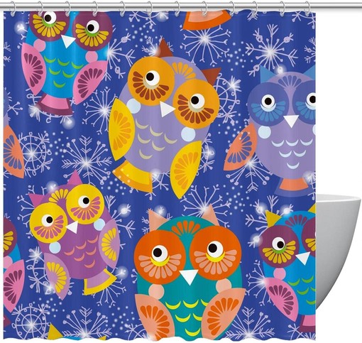 Colored Owls Shower Curtain with Snowflakes for Home Decor