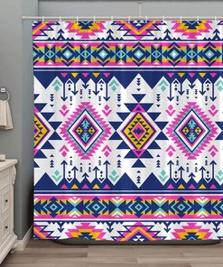 Colorful Aztec Shower Curtain with Tribal Geometric Design for Ethnic American Native Bathroom Decor, Waterproof Fabric