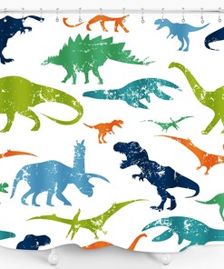 Colorful Dinosaur Shower Curtain for Kids Bathroom Decor with Jurassic Theme and Elasmosaurs Design, Waterproof Fabric