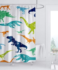Colorful Dinosaur Shower Curtain for Kids Bathroom Decor with Jurassic Theme and Elasmosaurs Design, Waterproof Fabric