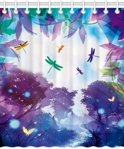 Colorful Dragonflies in Fantasy Forest Fabric Shower Curtain - 3D Bathroom Decor 