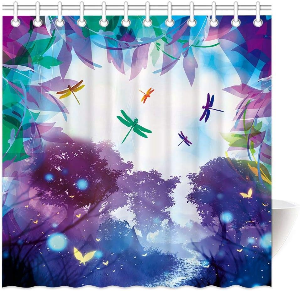 Colorful Dragonflies in Fantasy Forest Fabric Shower Curtain - 3D Bathroom Decor