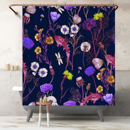 Colorful Floral Shower Curtain with Vibrant Flowers and Dragonflies - Botanical Bath Decor