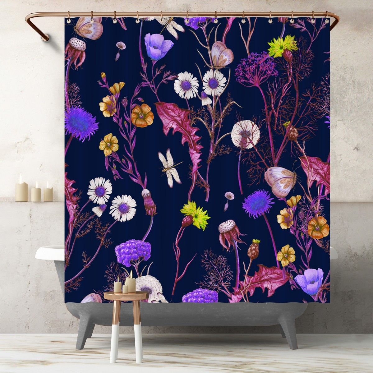 Colorful Floral Shower Curtain with Vibrant Flowers and Dragonflies - Botanical Bath Decor