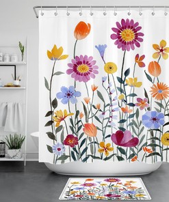 Colorful Flower Shower Curtain - Botanical Leaf Prints - Bathroom Accessories Set - Home Decor