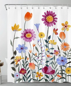 Colorful Flower Shower Curtain - Botanical Leaf Prints - Bathroom Accessories Set - Home Decor