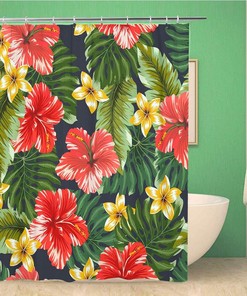Colorful Hawaiian Flowers on Dark Hibiscus Florals Blue Pattern Waterproof Bathroom Decor Shower Curtain