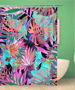 Colorful Hawaiian Tropical Flower Plant and Leaf Pattern Green Waterproof Bathroom Decor Shower Curtain