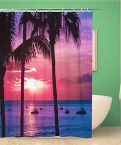 Colorful Luau Hawaii Seascape Palms and Yachts Pink Beaches Waterproof Bathroom Decor Shower Curtain