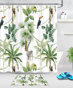 Colorful Parrots and Palm Trees Watercolor Shower Curtain, Tropical Bathroom Decor and Stylish Housewarming Gift