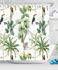 Colorful Parrots and Palm Trees Watercolor Shower Curtain, Tropical Bathroom Decor and Stylish Housewarming Gift