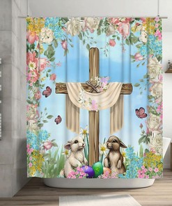 Colorful Rabbit Shower Curtain with Boho Easter Egg and Flowers for Fun Bathroom Decor 