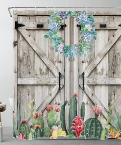 Colorful Succulent and Floral Green Botanical Shower Curtain for Rustic Bathroom Decor