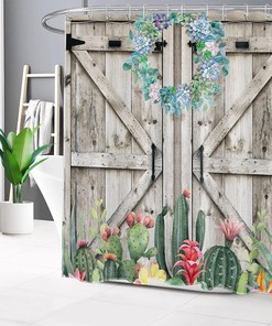 Colorful Succulent and Floral Green Botanical Shower Curtain for Rustic Bathroom Decor