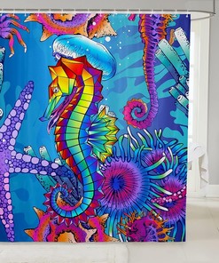Colorful Undersea World Shower Curtain for Kids and Adults, Watercolor Seahorse Theme Bathroom Decor, Waterproof Fabric