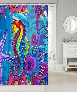 Colorful Undersea World Shower Curtain for Kids and Adults, Watercolor Seahorse Theme Bathroom Decor, Waterproof Fabric