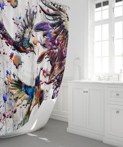 Colorful Watercolor Paint Splatter Birds Shower Curtain for a Contemporary Bathroom 