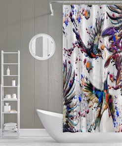 Colorful Watercolor Paint Splatter Birds Shower Curtain for a Contemporary Bathroom