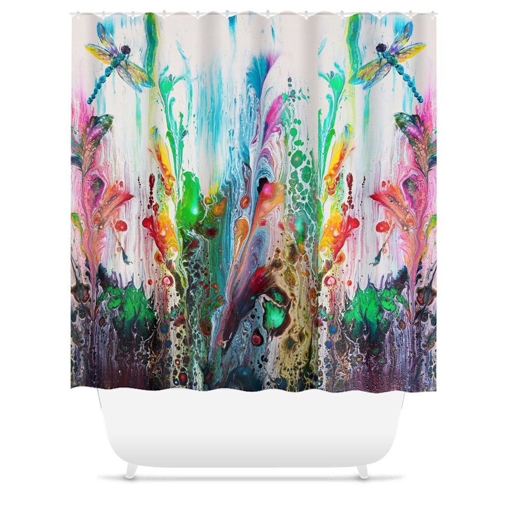 Colorful Wildflower Floral Shower Curtain with Dragonfly Print - Bathroom Home Decor Art