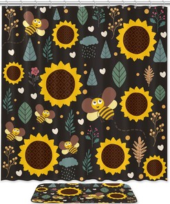 Colorful and Funny Sunflower Bee Shower Curtain - Whimsical and Vibrant Bathroom Decor