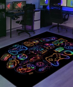 Contemporary Neon Lights Game Consoles Dark Background Arcade Pattern Area Rug for Home Decoration