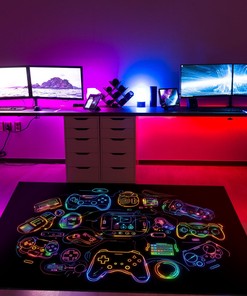 Contemporary Neon Lights Game Consoles Dark Background Arcade Pattern Area Rug for Home Decoration