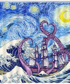 Cool Octopus Shower Curtain - Ocean Kraken Sailboat Tentacles Adventure Summer Bathroom Decor