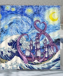 Cool Octopus Shower Curtain - Ocean Kraken Sailboat Tentacles Adventure Summer Bathroom Decor
