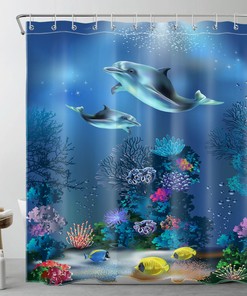 Coral Fish and Dolphin Shower Curtain for Ocean Bathroom Accessories