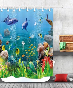 Corals and Dolphins Shower Curtain - Ocean Themed Fabric Bathroom Decor 