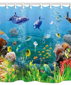 Corals and Dolphins Shower Curtain - Ocean Themed Fabric Bathroom Decor