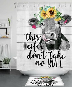 Cow and Sunflower Shower Curtain - Rustic Planks Bathroom Decor