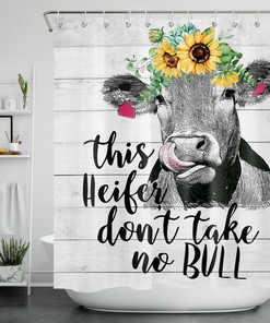 Cow and Sunflower Shower Curtain - Rustic Planks Bathroom Decor