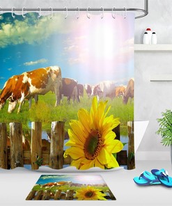 Cows and Sunflowers Sunset Shower Curtain - Rustic and Charming Bathroom Decor 