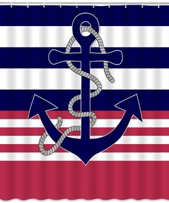 Creative Nautical Navy Anchor Shower Curtain with Stripes for Sea Life Bathroom Decor