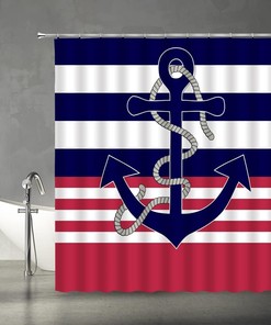 Creative Nautical Navy Anchor Shower Curtain with Stripes for Sea Life Bathroom Decor