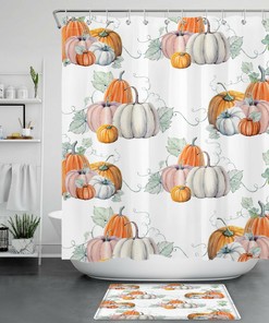 Creative Watercolor Pumpkin Shower Curtain with Green Leaf Design for Autumn Farmhouse Harvest Bathroom Decor 