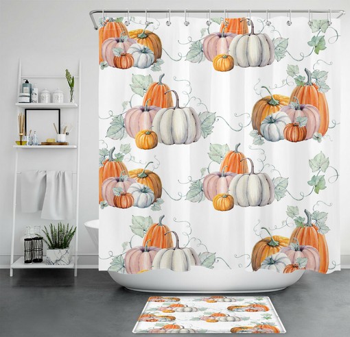 Creative Watercolor Pumpkin Shower Curtain with Green Leaf Design for Autumn Farmhouse Harvest Bathroom Decor