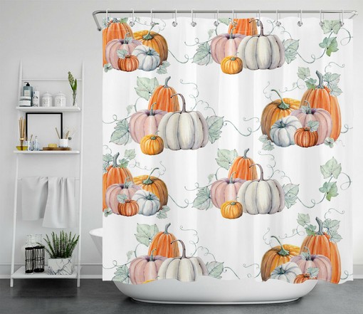 Creative Watercolor Pumpkin Shower Curtain with Green Leaf Design for Autumn Farmhouse Harvest Bathroom Decor