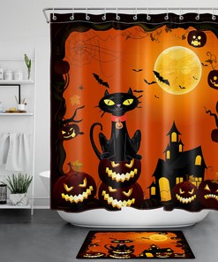 Creepy Moon Horror Pumpkin Black Cat Halloween Shower Curtain Set: A Frightening Addition to Your Bathroom Decor