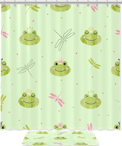 Crown Dragonfly Green Shower Curtain with Princess Frog for Cute Bathroom Decor