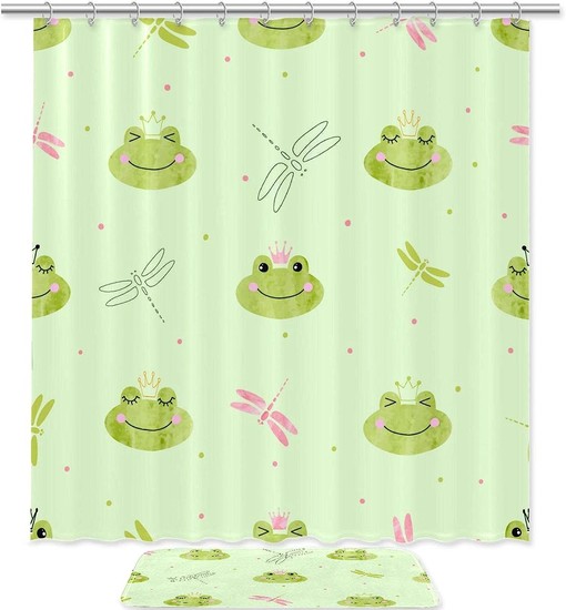 Crown Dragonfly Green Shower Curtain with Princess Frog for Cute Bathroom Decor