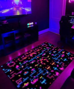Customizable Dark and Neon 80s Arcade Carpet Space Invaders Rug