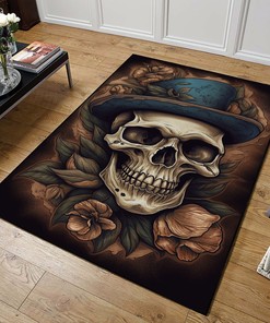 Customizable Jack Hughes Style Skull with Cowboy Hat Area Rug